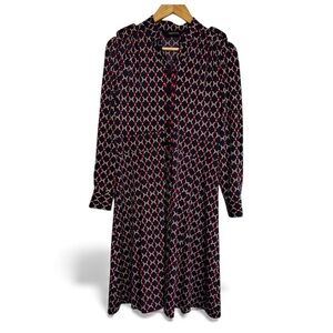 Valencia Dark Academia Midi Dress Navy Red Chain Geometric Print